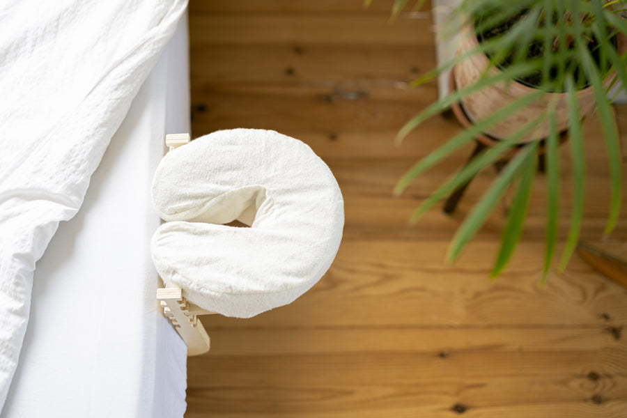 Het hoofdkussen van bovenaf, met een houten vloer en een plant eronder